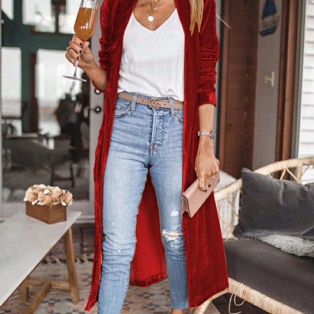 Red Casual Women's Velvet Open Front Long Cardigan